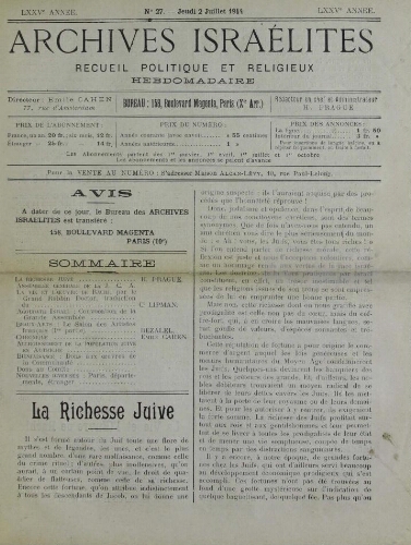 Archives israélites de France. Vol.75 N°27 (02 juil. 1914)